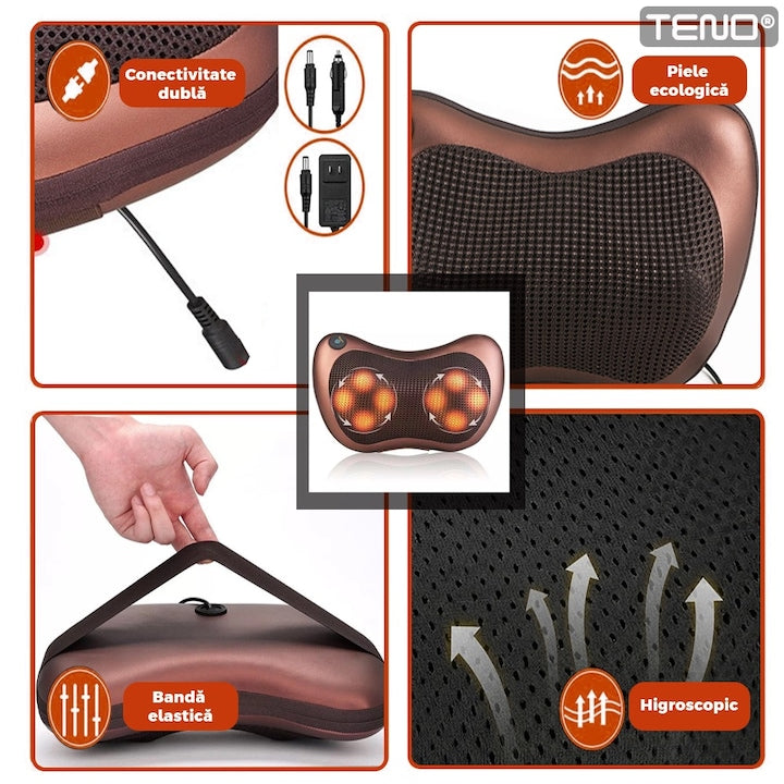 Aparat pentru Masaj Tip Perna Teno®, shiatsu, pentru masaj cervical sau lombar, priza auto sau normala, bile cu infrarosu, terapie cu incalzire, portabila, doua sensuri de rotire, elastic tetiera auto, 30 W, rosu