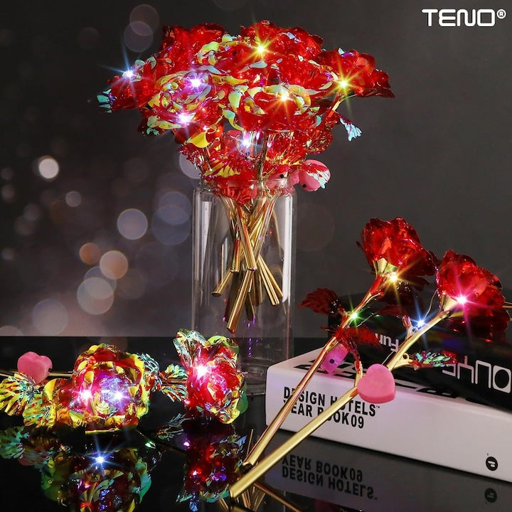 Trandafir Artizanal Teno®, efect de cristal, aspect auriu, luminite LED cu baterii, rezistent, nemuritor, design realist, 22 x 13 cm, rosu
