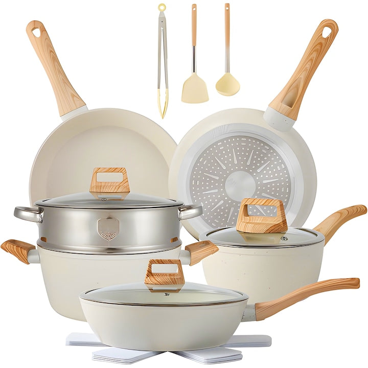 Set 12 Piese Oale si Tigai Teno, antiaderente, bej, compatibile cu toate tipurile de plite