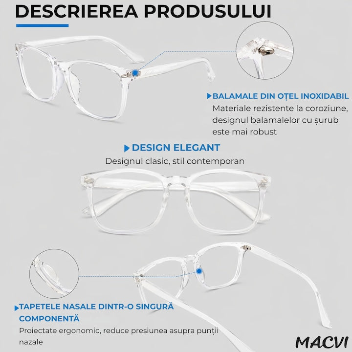 Ochelari Protectie Calculator Macvi® Anti Lumina UV400 Albastra, Anti Reflexie, Unisex, Transparent pentru Telefon, Laptop, Gaming