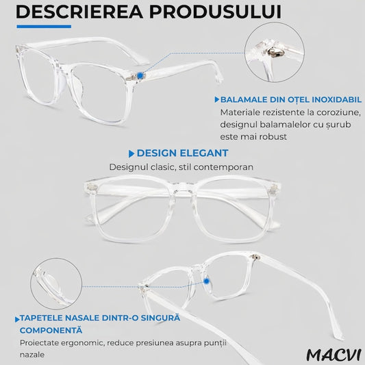 Ochelari Protectie Calculator Macvi® Anti Lumina UV400 Albastra, Anti Reflexie, Unisex, Transparent pentru Telefon, Laptop, Gaming