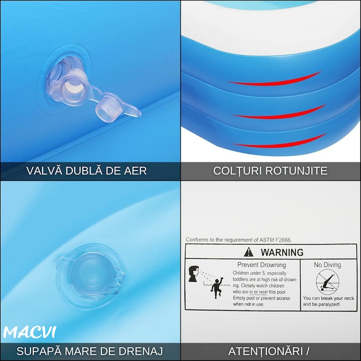 Piscina gonflabila Macvi® din PVC rezistent, 305×180×60 cm, 6-8 persoane, pereti grosi, design confortabil pentru gradina si curte