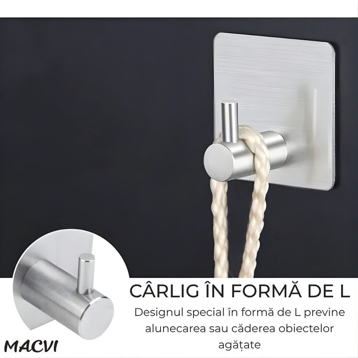 Set 4 cuiere de perete Macvi® din otel inoxidabil, montaj fara gaurire, 4 argintii, rezistente la umiditate, pentru baie si hol
