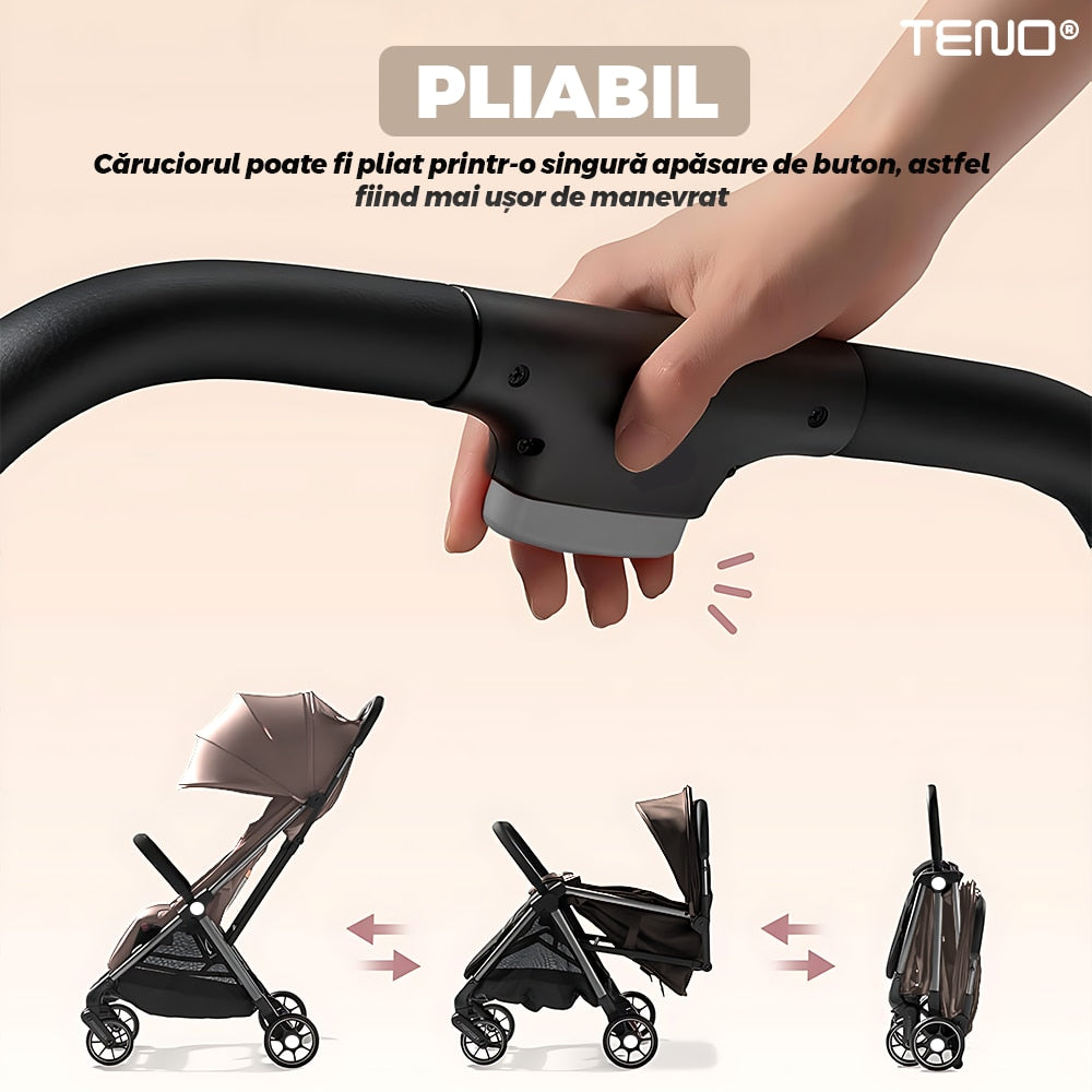 Carucior Sport pentru Bebelusi Teno®, pliabil, usor de carat, sezut reglabil, spatios, cosulet dorsal, copertina retractabila, greutate maxima suportata 25 kg, bej