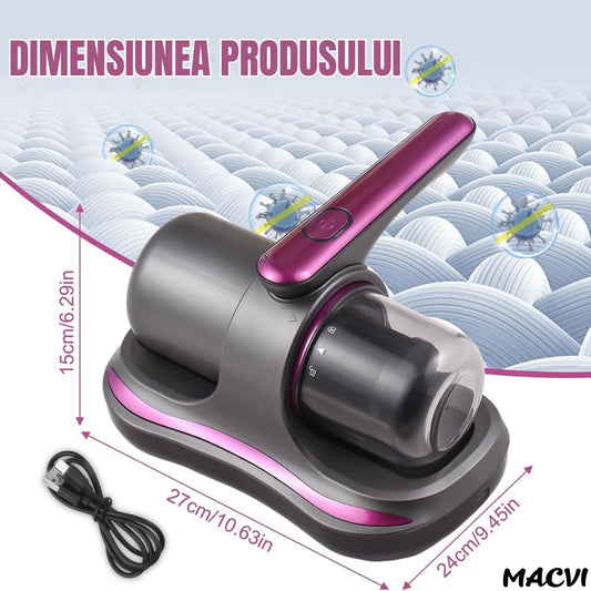Aspirator Antiacarieni Macvi®, 8000 Pa, Fara Fir, Filtru HEPA, Baterie 3600 mAh, UVC, Rezervor 500 ml, Curatare Pat, Canapea si Covoare