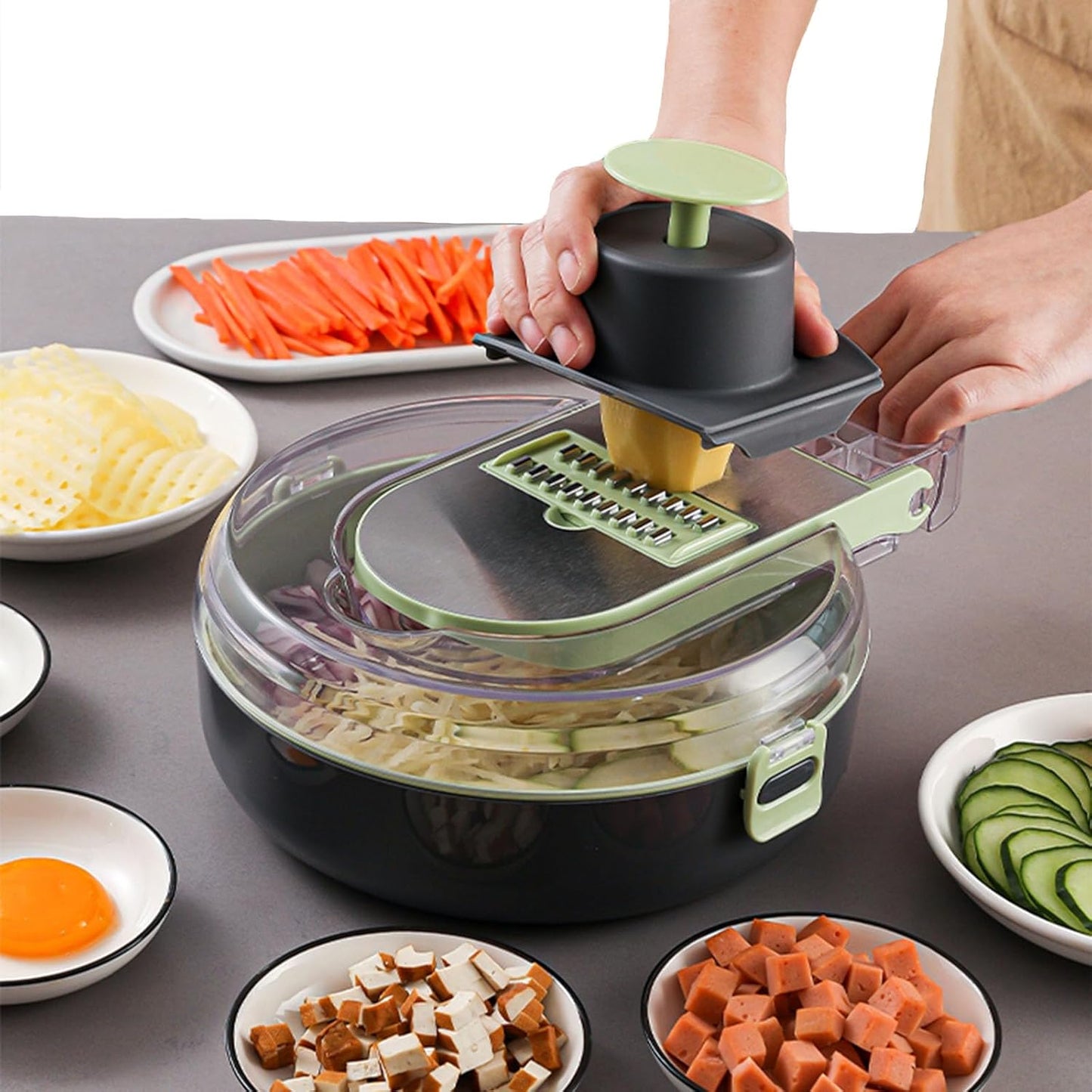 Set Tocator Legume Manual MACVI 14 in 1, 8 Lame din Otel Inoxidabil, Rotund, Plastic