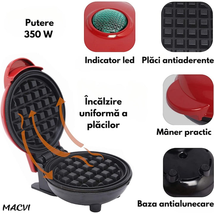 Aparat gofre Macvi® mini pentru vafe cu placi antiaderente indicator luminos design compact rosu ideal mic dejun rapid