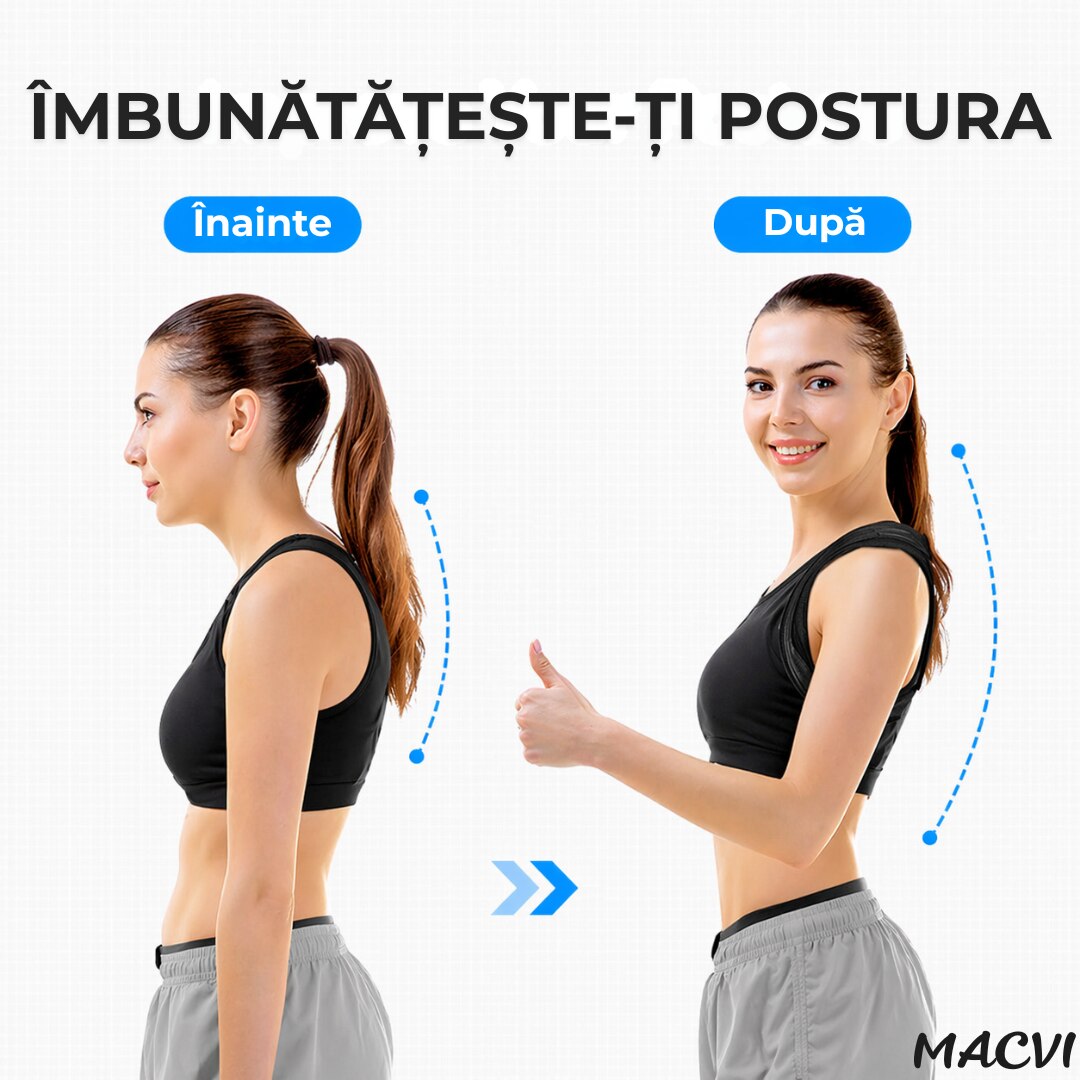 Centura corectoare postura Macvi®, pentru indreptare spate, coloana si umeri, Negru, Marime M, reglabila