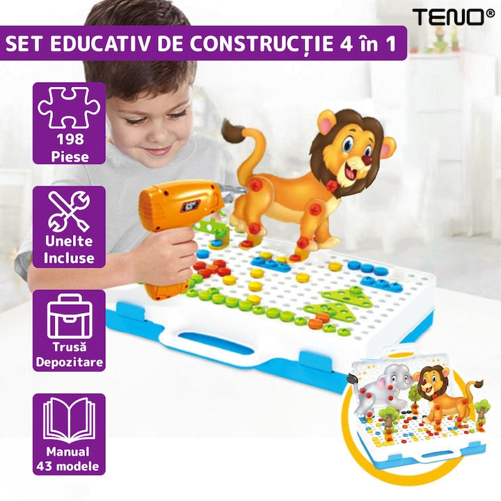 Jucarie Educativa si Interactiva 4in1 Teno®, 198 piese, bormasina pentru inginerie, pentru fete si baieti, manual inclus, puzzle 3D/2D, dezvoltare STEM, montessori, multicolor