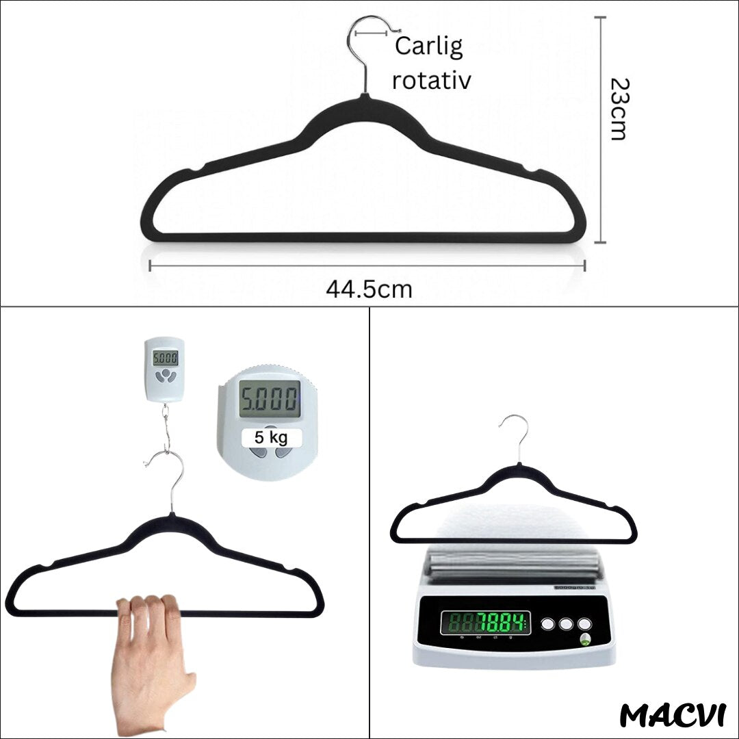 Set 16 Umerase Macvi® Catifea Antialunecare, Slim, cu Bara pentru Pantaloni si Scobituri, Carlig 360°, 44.5x23 cm, Gri/Negru