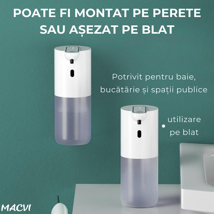 Dozator automat sapun spuma Macvi® cu senzor infrarosu 4 niveluri volum spuma reincarcabil USB-C 400 ml IPX5