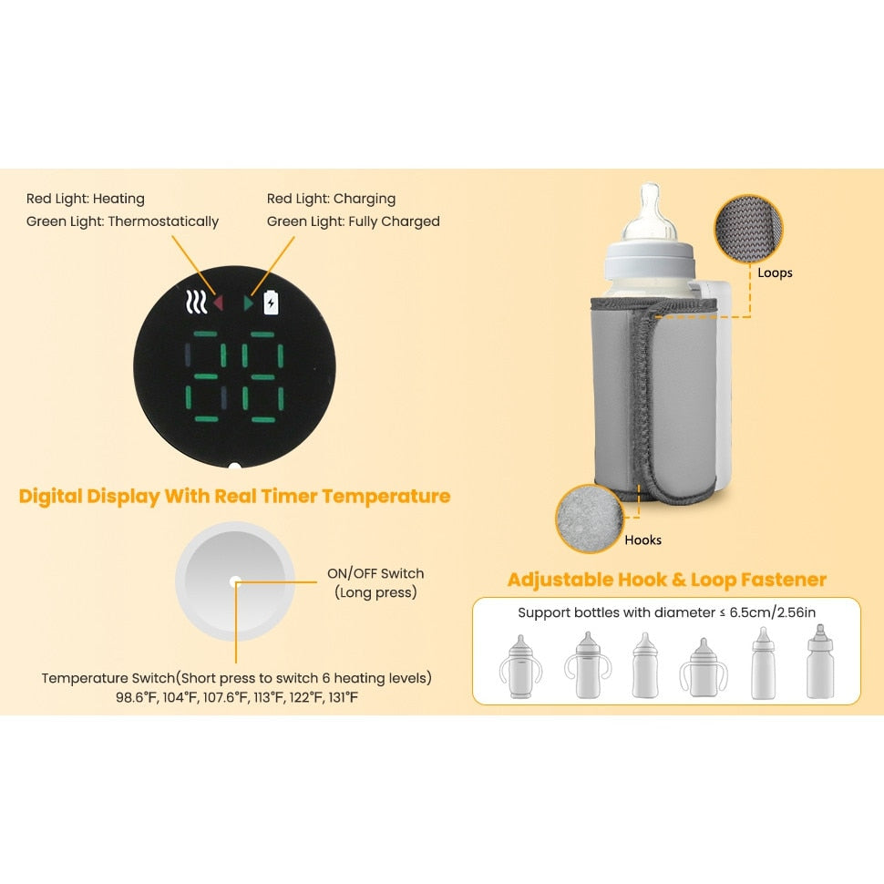 Incalzitor portabil pentru biberoane MACVI, 6 niveluri temperatura, mentinere caldura pana la 5 ore, alimentare USB, 300 ml