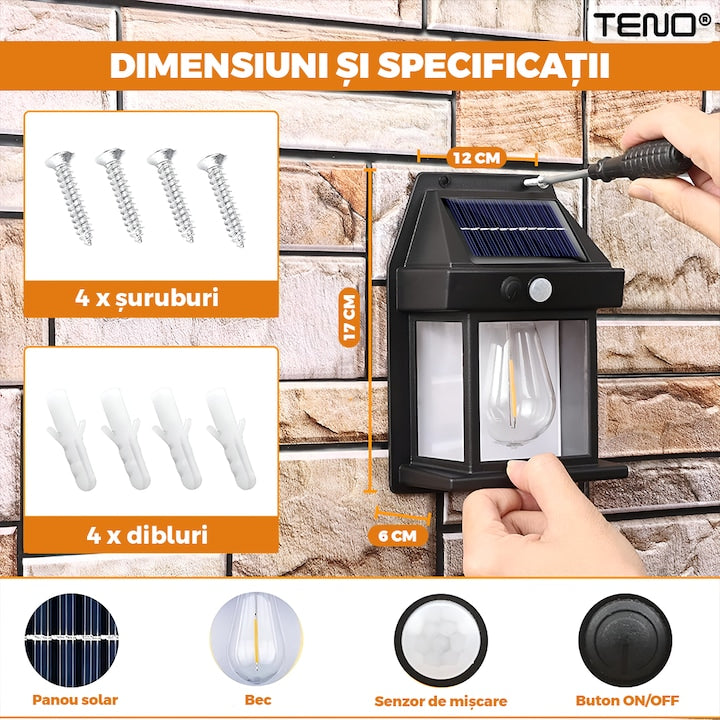 Lampa Solara de Perete LED Tip Felinar Teno®, senzor de miscare 5-8 metri, fara fir, 3 moduri de iluminare, protectie IP65, Waterproof, exterior, negru