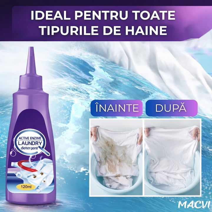 Detergent lichid pentru indepartarea petelor Macvi®, cu enzime active, pentru toate tipurile de haine, 120 ml, actiune imediata