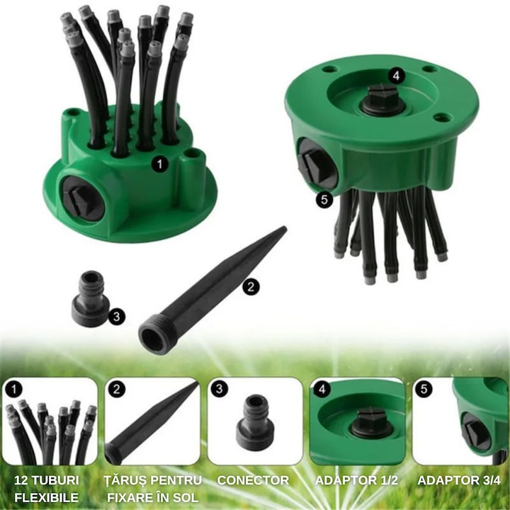Aspersor Gradina Multifunctional Macvi® 360°, 12 Tuburi Flexibile, Economisire Apa