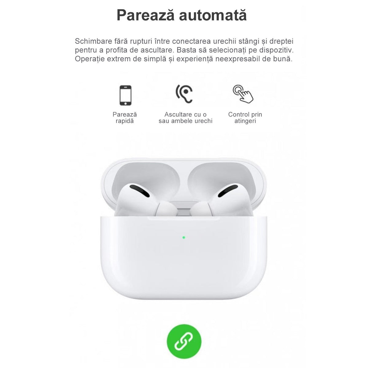 Casti wireless Air Pro 3 Macvi®, compatibile Android/iPhone, HD audio/ voce, dual HD true stereo, performanta, confort, cutie de incarcare portabila, autonomie 24 h, control tactil inteligent, Alb