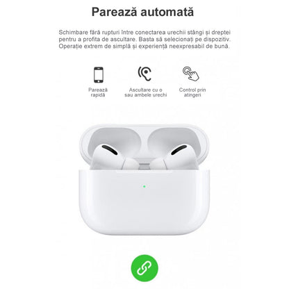 Casti wireless Air Pro 3 Macvi®, compatibile Android/iPhone, HD audio/ voce, dual HD true stereo, performanta, confort, cutie de incarcare portabila, autonomie 24 h, control tactil inteligent, Alb