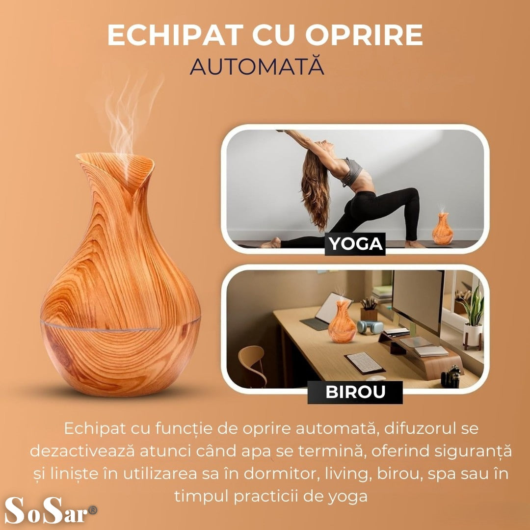 Difuzor Aromaterapie Sosar® cu Umidificator si Ultrasunete - Relaxare, Aromaterapie si Atmosfera Eleganta, LED 7 culori, 130 ml