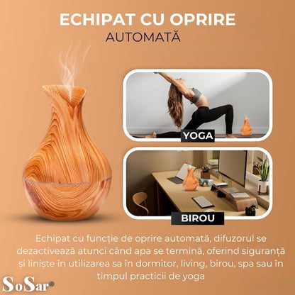 Difuzor Aromaterapie Sosar® cu Umidificator si Ultrasunete - Relaxare, Aromaterapie si Atmosfera Eleganta, LED 7 culori, 130 ml