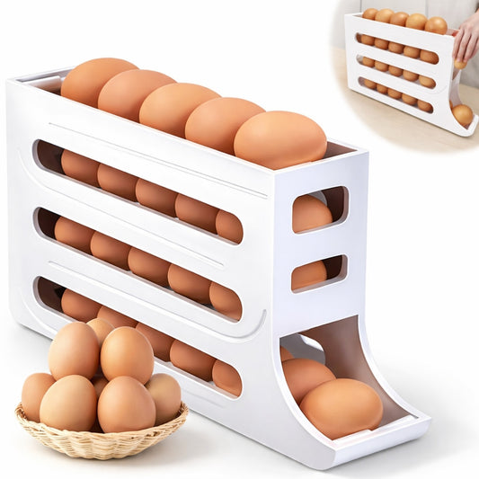 Suport organizator pentru oua Macvi®, 4 niveluri, rulare automata, 30 oua, 36x7x20 cm, alb, economisire inteligenta de spatiu in frigider