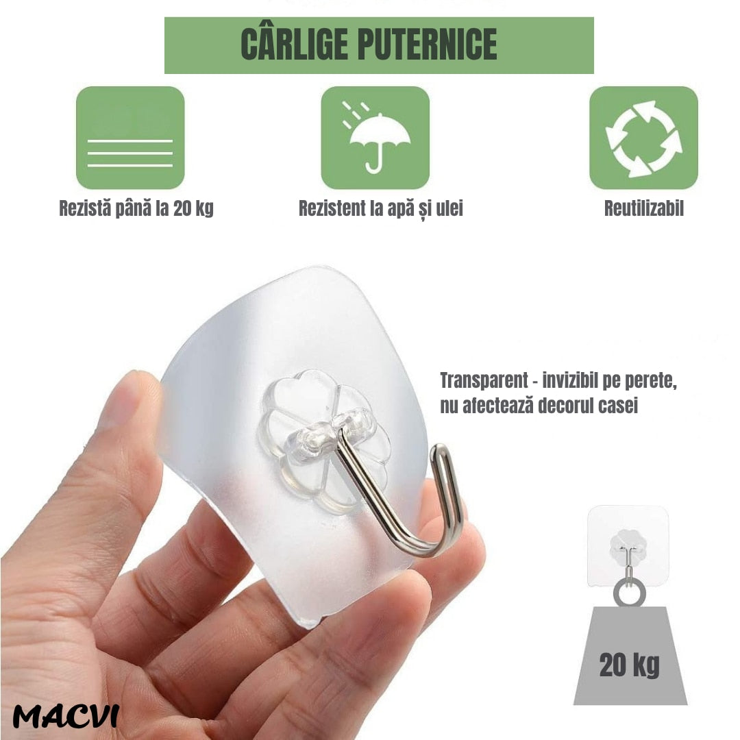 Set 10 carlige autoadezive Macvi® transparente pentru prosoape, impermeabile, ABS durabil, 180° rotative, fixare puternica si reutilizabila, pentru baie, bucatarie si dormitor