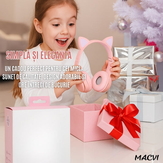 Casti stereo wireless Macvi® P47, urechi pisica, Bluetooth 5.0, radio FM, reducere zgomot, pliabile, slot card, roz