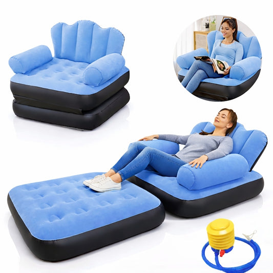 Fotoliu Gonflabil Macvi® XL 2 in 1 Portabil Pentru Interior, Exterior, Camping sau Plaja, Design Ergonomic, 100x88x90 cm, Albastru