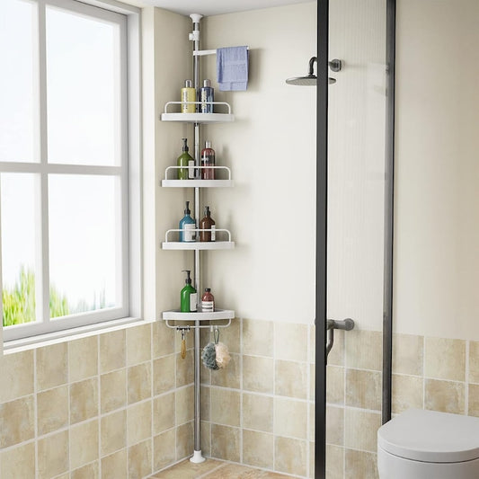 Etajera Extensibila Macvi® pentru Baie, 4 Polite si Umeras, Tip Coltar, 3 Carlige, 100-260 cm, Alb