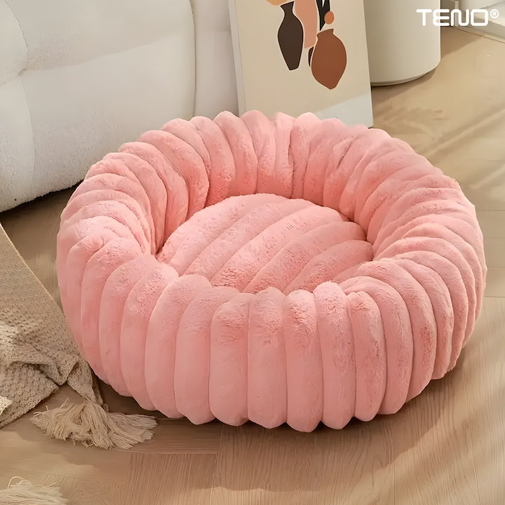 Pat Animale Teno®, captusit, moale, pufos si calduros, pentru caini si pisici, diametru 60 cm, baza anti-alunecare, design dungat, roz