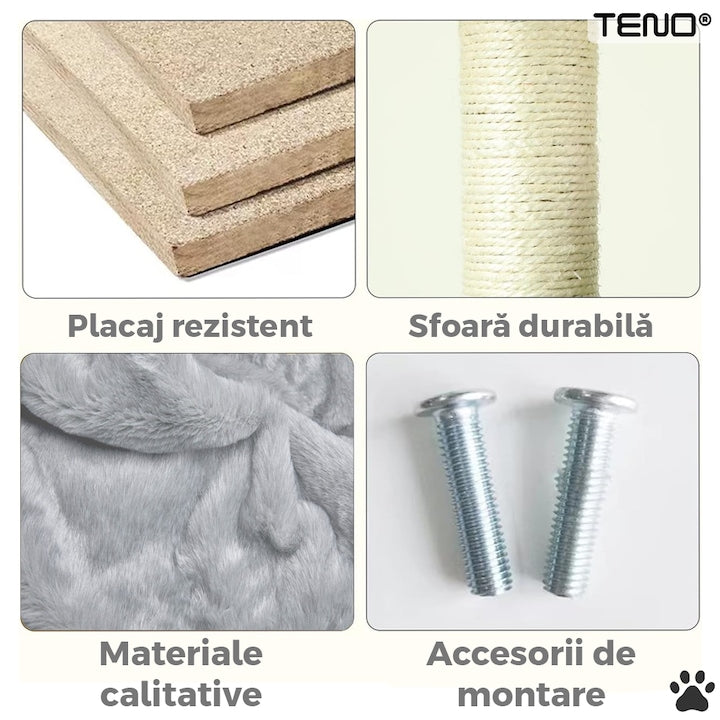 Ansamblu de Joaca pentru Pisici Teno®, tip turn,1 platforma de observatie, 4 niveluri, 1 casuta, scara, hamac, franghie si mingiuta de joaca, stalpi pentru zgariat, captuseala extra moale, structura stabila, 164 cm, gri deschis