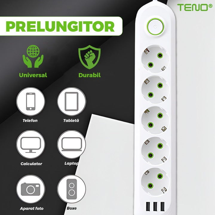 Prelungitor Teno®, 5 prize, 3 porturi USB, intrerupator, suport de agatare incorporat, rezistent la temperaturi inalte, universal, lungime 3 metri, alb
