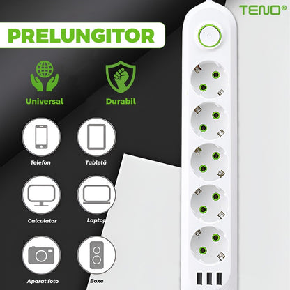 Prelungitor Teno®, 5 prize, 3 porturi USB, intrerupator, suport de agatare incorporat, rezistent la temperaturi inalte, universal, lungime 3 metri, alb