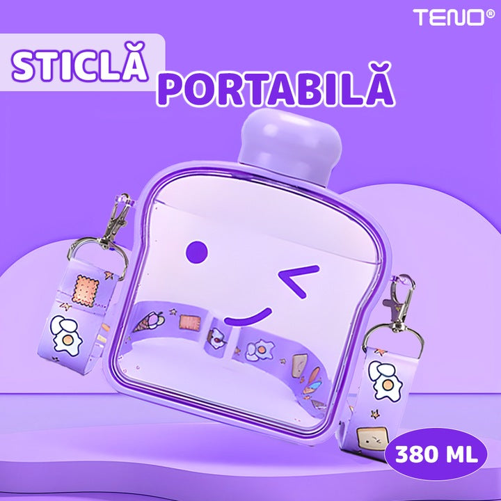Sticla de Apa pentru Copii Teno®, forma de toast, fara BPA, anti-scurgere, usor de curatat, curea reglabila inclusa, pentru copii, 380 ml, mov