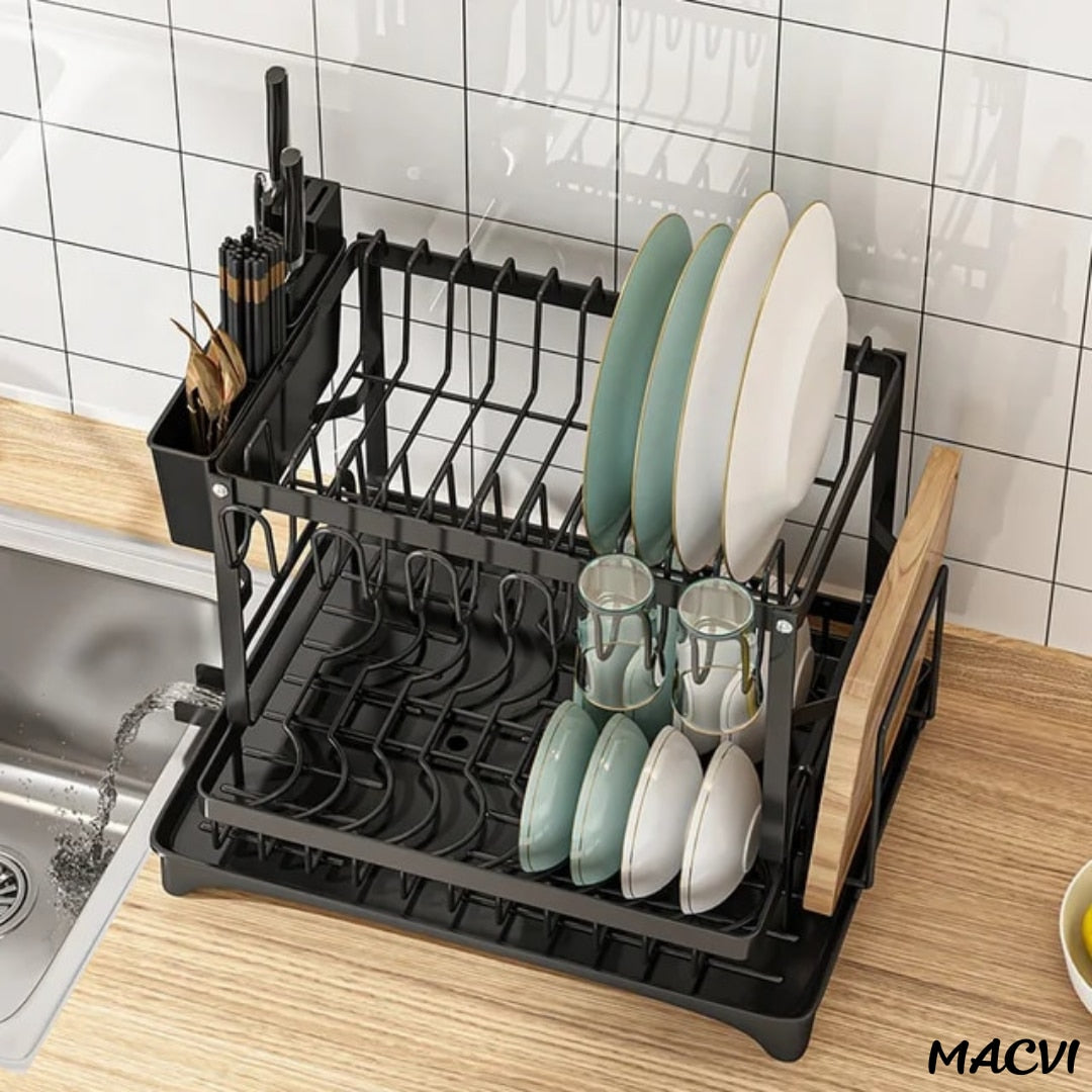 Uscator de vase supraetajat Macvi®, 2 niveluri, suport pentru tacamuri si pahare, tava scurgere, metal rezistent, 42x30x29 cm, negru
