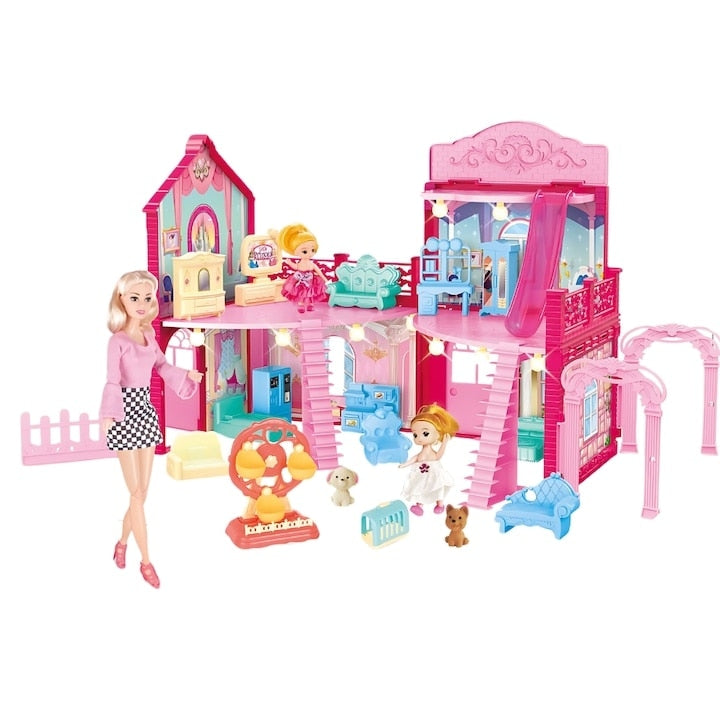 Casuta pentru Papusi Macvi® cu Mobilier si Accesorii Roz Joc Educativ Copii 3 Ani+