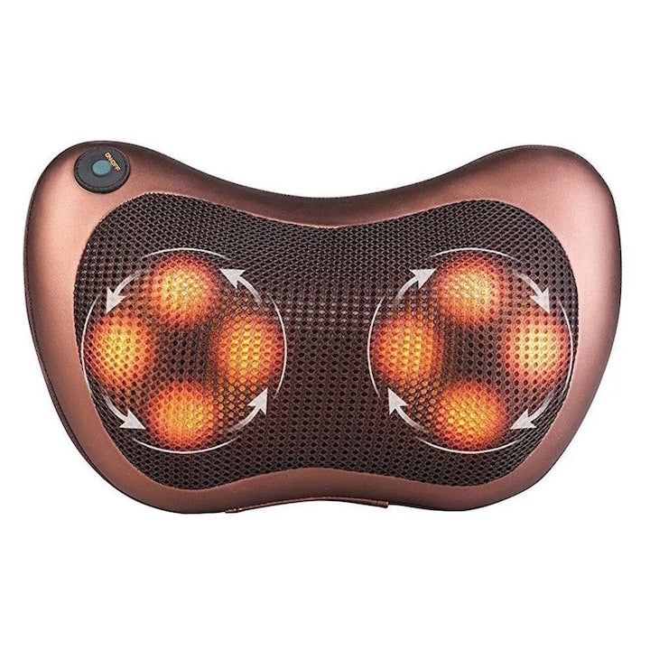 Aparat pentru Masaj Tip Perna Teno®, shiatsu, pentru masaj cervical sau lombar, priza auto sau normala, bile cu infrarosu, terapie cu incalzire, portabila, doua sensuri de rotire, elastic tetiera auto, 30 W, rosu