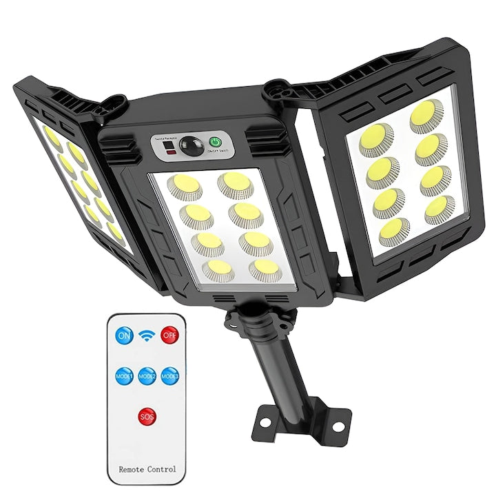 Lampa Solara Stradala 24 LED-uri Teno®, tip bec, 3 capete, control prin telecomanda, senzor de miscare, 3 moduri de iluminare, protectie IP65, Waterproof, exterior, negru