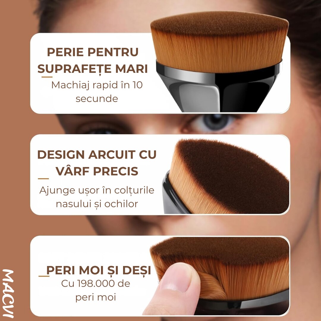 Pensula Machiaj Macvi® pentru Fond de Ten, Ultra Soft, Design Ergonomic, Negru