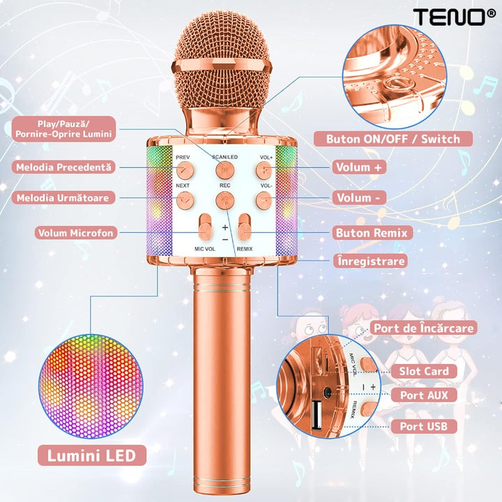 Microfon Karaoke Multifunctional pentru Copii, Teno®, boxa integrada, mod schimbare voce, stereo, slot card memorie/aux, lumini, rose gold