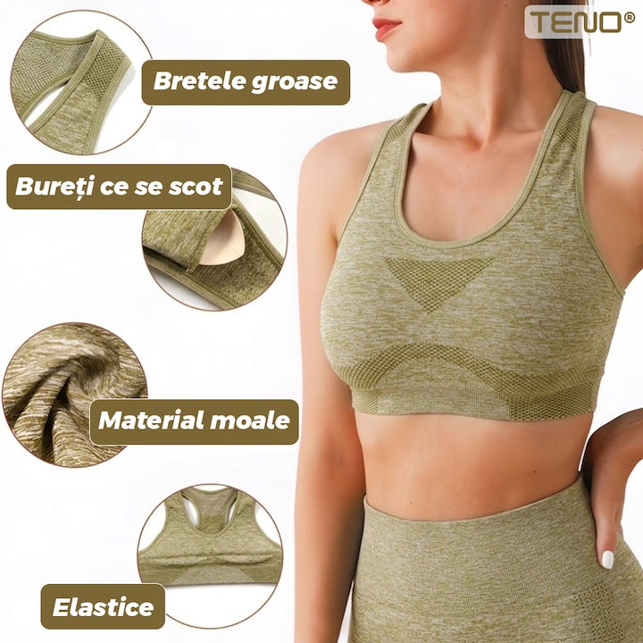 Set Costum Fitness din 2 Piese Teno®, colanti si bustiera, material respirabil, uscare rapida, elasticitate ridicata, one-size, galben
