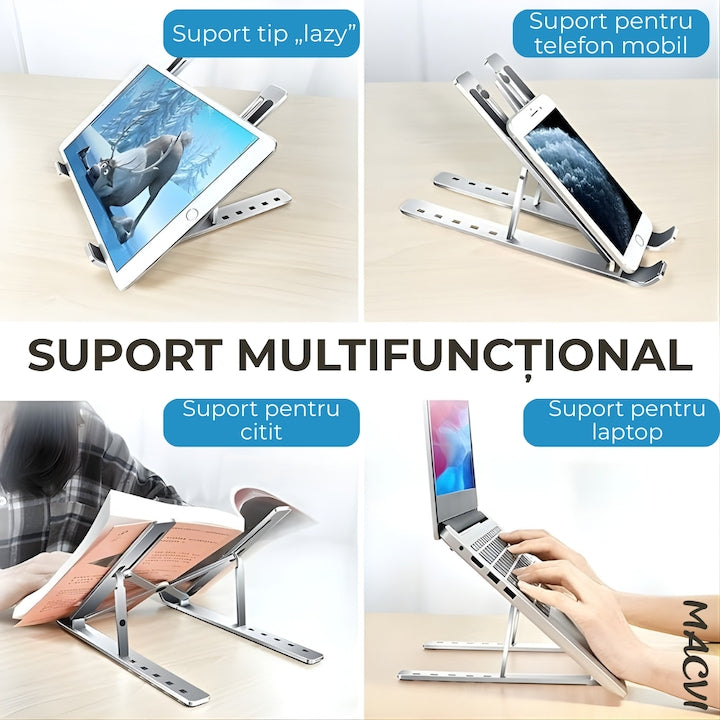Suport laptop ergonomic Macvi® din aluminiu ,ajustabil 6 nivele, husa de protectie, disipare caldura, antialunecare, compatibil 10-15.6 inch, argintiu