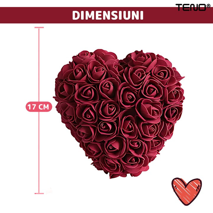 Inimioara din Trandafiri de Spuma Teno®, floral burgundy, handmade, cutie transparenta, eleganta si naturala, nemuritoare, 17 cm