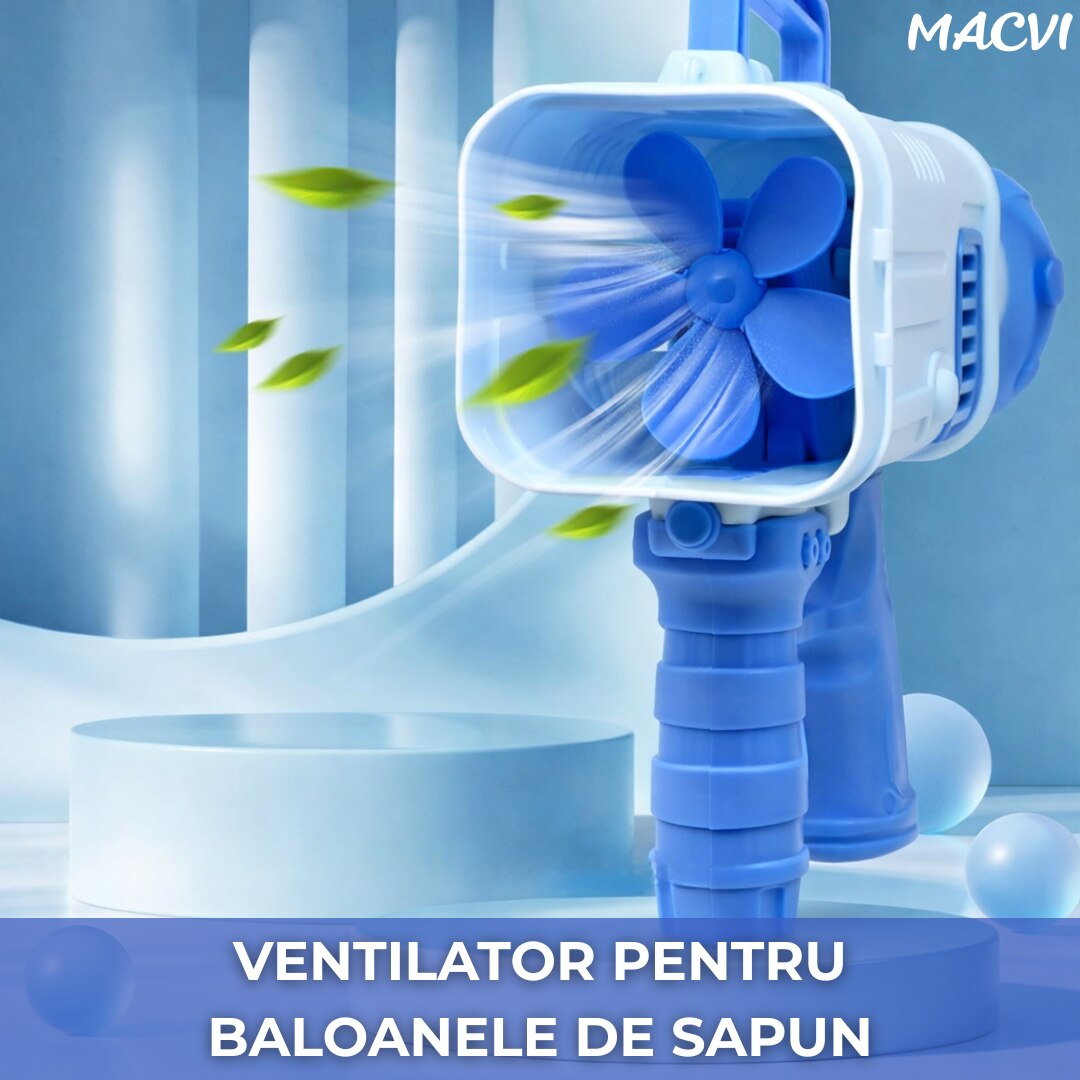 Pistol Baloane Sapun 32 Duze Macvi® tip Bubble Gun cu baterii(neincluse), Ventilator, Albastru