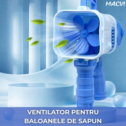 Pistol Baloane Sapun 32 Duze Macvi® tip Bubble Gun cu baterii(neincluse), Ventilator, Albastru