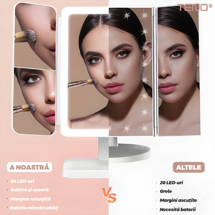 Oglinda Cosmetica Teno, pliabila, iluminare LED, marire X2 si X3, alb, inaltabila, cu oglinzi laterale