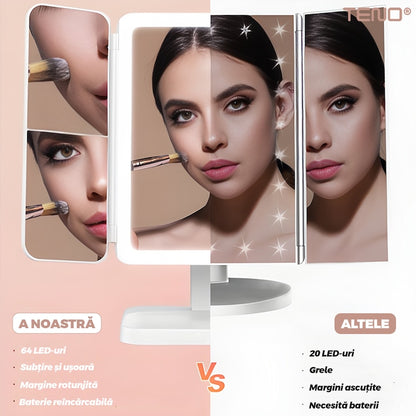 Oglinda Cosmetica Teno, pliabila, iluminare LED, marire X2 si X3, alb, inaltabila, cu oglinzi laterale
