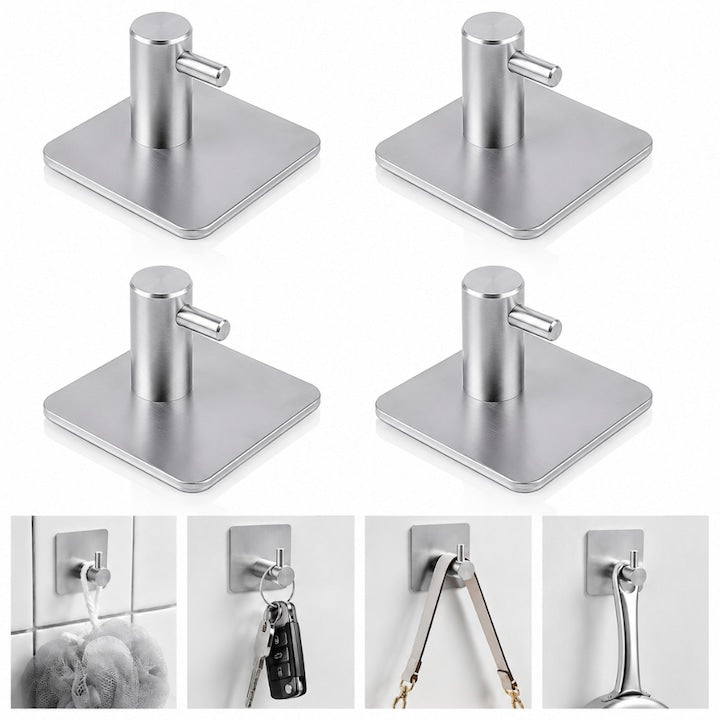 Set 4 cuiere de perete Macvi® din otel inoxidabil, montaj fara gaurire, 4 argintii, rezistente la umiditate, pentru baie si hol