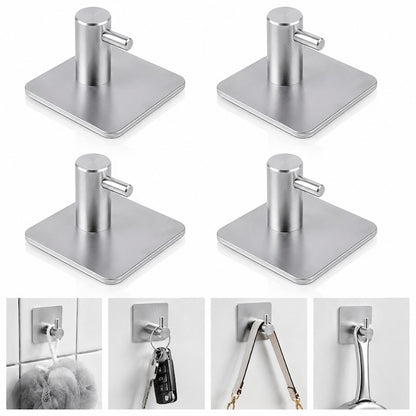 Set 4 cuiere de perete Macvi® din otel inoxidabil, montaj fara gaurire, 4 argintii, rezistente la umiditate, pentru baie si hol