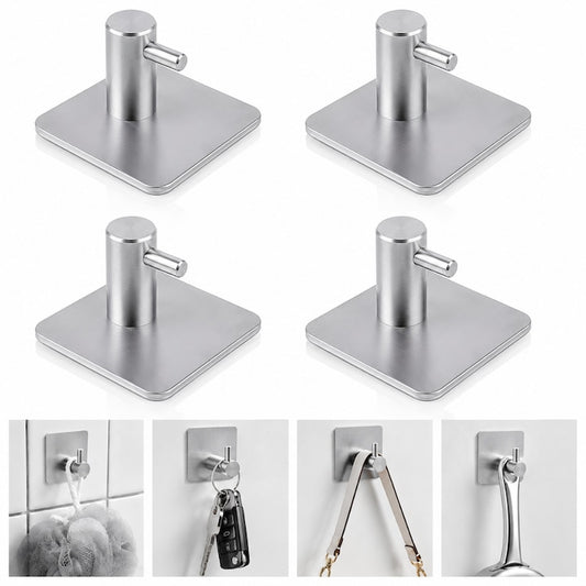 Set 4 cuiere de perete Macvi® din otel inoxidabil, montaj fara gaurire, 4 argintii, rezistente la umiditate, pentru baie si hol