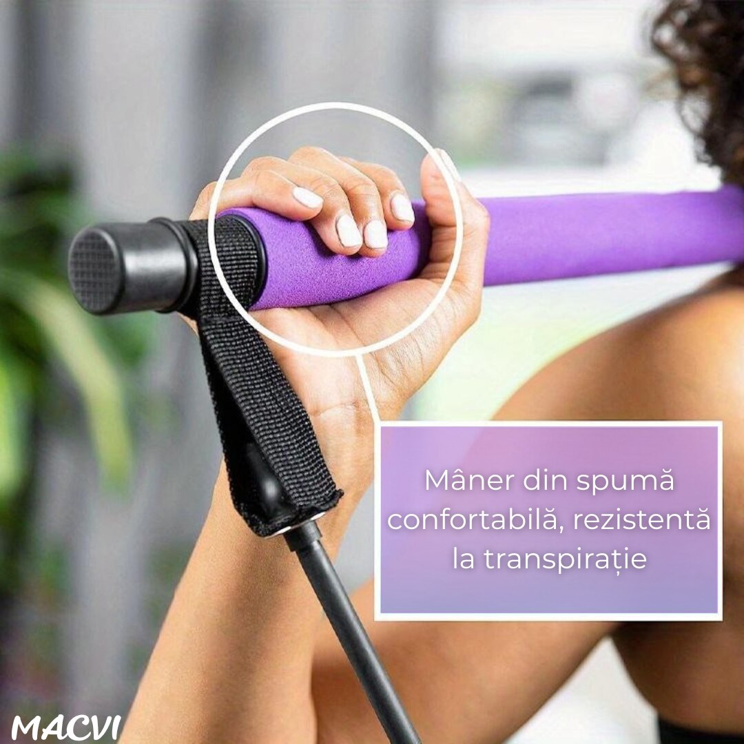 Bara Fitness Macvi® cu Benzi Elastice Reglabile, Multifunctionala pentru Antrenamente Complete, Rezistenta Ajustabila, Culoare Mov